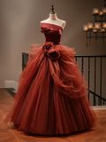 Charming Ball Gown Strapless Burgundy Tulle Pleated Long Quinceanera Dress Sweet 15 16 Dresses HZ0311