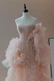 Shinning A line Strapless Sequin Pink Beaded Prom Dresses Formal Dress 18th Birthday Outfits Prom Gown HZ0311