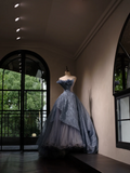 Charming Ball Gown Strapless Dusty Blue Tulle Pleated Long Quinceanera Dress Sweet 15 16 Dresses HZ0311