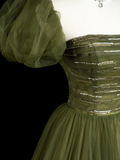 Retro A line Strapless Tulle Olive Green Tulle Long Prom Dresses Impress 18th Birthday Outfits Prom Gown HZ0311