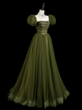 Retro A line Strapless Tulle Olive Green Tulle Long Prom Dresses Impress 18th Birthday Outfits Prom Gown HZ0311