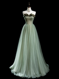 Retro A line Strapless Tulle Light Green Long Prom Dresses Impress 18th Birthday Outfits Prom Gown HZ0311
