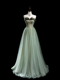 Retro A line Strapless Tulle Light Green Long Prom Dresses Impress 18th Birthday Outfits Prom Gown HZ0311