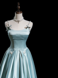 Retro A line Spaghetti Strap Light Sky Blue Satin Long Prom Dresses Impress 18th Birthday Outfits Prom Gown HZ0311