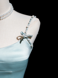 Retro A line Spaghetti Strap Light Sky Blue Satin Long Prom Dresses Impress 18th Birthday Outfits Prom Gown HZ0311