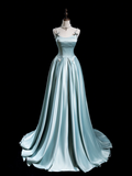 Retro A line Spaghetti Strap Light Sky Blue Satin Long Prom Dresses Impress 18th Birthday Outfits Prom Gown HZ0311