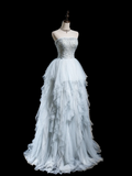 Timeless Ball Gown Strapless Light Sky Blue Tulle Long Prom Dresses For Teens Formal Dress Floor Length Prom Gown HZ0311