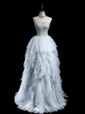 Timeless Ball Gown Strapless Light Sky Blue Tulle Long Prom Dresses For Teens Formal Dress Floor Length Prom Gown HZ0311
