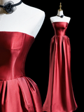 Retro A Line Strapless Burgundy Satin Long Prom Dresses Impress 18th Birthday Outfits Prom Gown HZ0311