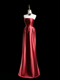 Retro A Line Strapless Burgundy Satin Long Prom Dresses Impress 18th Birthday Outfits Prom Gown HZ0311