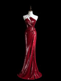 Sparkle Mermaid One Shoulder Burgundy Sequin Long Prom Dresses Impress 18th Birthday Outfits Prom Gown HZ0311