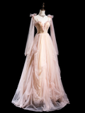 Cute Ball Gown Spaghetti Strap Light Pink Tulle Pleated Long Prom Dresses For Teens Formal Dress Formal Dress Prom Gown HZ0311