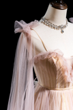 Cute Ball Gown Spaghetti Strap Light Pink Tulle Pleated Long Prom Dresses For Teens Formal Dress Formal Dress Prom Gown HZ0311
