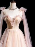Cute Ball Gown Spaghetti Strap Light Pink Tulle Pleated Long Prom Dresses For Teens Formal Dress Formal Dress Prom Gown HZ0311