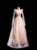 Cute Ball Gown Spaghetti Strap Light Pink Tulle Pleated Long Prom Dresses For Teens Formal Dress Formal Dress Prom Gown HZ0311