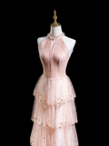 Retro A Line High Neck Blush Pink Sequin Long Prom Dresses Impress 20th Birthday Outfits Prom Gown HZ0311