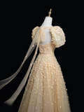 Princess A Line Square Neck Gold Tulle Flowers Long Prom Dresses Impress 20th Birthday Outfits Prom Gown HZ0311