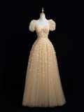 Princess A Line Square Neck Gold Tulle Flowers Long Prom Dresses Impress 20th Birthday Outfits Prom Gown HZ0311