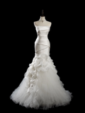 Vintage Mermaid Strapless Sleeveless White Fitted Pleated Long Wedding Dress Bride Gown Wedding Dresses HZ0311