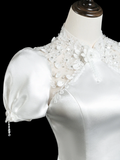 Vintage Mermaid High Neck Short Sleeves Satin Fitted Long Wedding Dress Bride Gown Wedding Dresses HZ0311