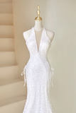 Sexy Mermaid Deep V Neck White Sequin Long Prom Dresses Impress 19th Birthday Outfits Prom Gown HZ0311