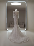 Princess Mermaid Scoop Neck Long Sleeve Sequin Lace Fitted Long Wedding Dress Bridal Gown White Wedding Dresses HZ0311