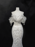 Princess Mermaid Off The Shoulder Short Sleeves Lace Sequin Fitted Long Wedding Dress Bridal Gown White Wedding Dresses HZ0311