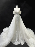 Princess Mermaid Off The Shoulder Short Sleeves Lace Sequin Fitted Long Wedding Dress Bridal Gown White Wedding Dresses HZ0311