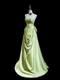 Simple Sheath Strapless Mint Green Satin Pleated Long Prom Dresses Formal Dress 18th Birthday Outfits Prom Gown HZ0311