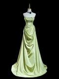 Simple Sheath Strapless Mint Green Satin Pleated Long Prom Dresses Formal Dress 18th Birthday Outfits Prom Gown HZ0311