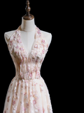 Pretty A line Halter Blush Pink Lace Prom Dresses Formal Dress 18th Birthday Outfits Prom Gown HZ0311