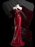 Timeless Mermaid One Shoulder Burgundy Sequin Slit Long Prom Dresses Inspiration Party Dress Prom Gowns HZ0311