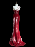 Timeless Mermaid One Shoulder Burgundy Sequin Slit Long Prom Dresses Inspiration Party Dress Prom Gowns HZ0311