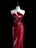 Timeless Mermaid One Shoulder Burgundy Sequin Slit Long Prom Dresses Inspiration Party Dress Prom Gowns HZ0311