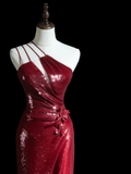 Timeless Mermaid One Shoulder Burgundy Sequin Slit Long Prom Dresses Inspiration Party Dress Prom Gowns HZ0311
