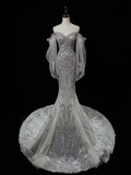 Timeless Mermaid Sweetheart Long Sleeve Sequin Silver Fitted Long White Wedding Dress Bride Gown Wedding Dresses HZ0311