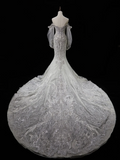 Timeless Mermaid Sweetheart Long Sleeve Sequin Silver Fitted Long White Wedding Dress Bride Gown Wedding Dresses HZ0311
