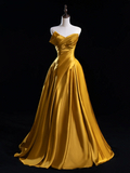 Chic Ball Gown Sweetheart Gold Satin Ruffles Senior Aesthetic Prom Dresses Prom Gowns Formal Outfits Graduation Dress HZ0311