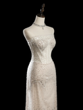 Vintage Sheath Strapless Sleeveless White Fitted Beaded Long Wedding Dress Bride Gown Wedding Dresses HZ0311