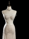 Vintage Sheath Strapless Sleeveless White Fitted Beaded Long Wedding Dress Bride Gown Wedding Dresses HZ0311