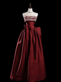 Classy Ball Gown Strapless Burgundy Satin Prom Dresses Formal Dress 20th Birthday Outfits Prom Gown HZ0311