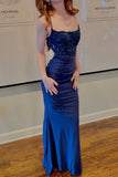 Charming Mermaid Spaghetti Straps Navy Blue Satin Long Prom Dresses Formal Dress 19th Birthday Outfits Prom Gown HZ0311