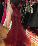 Elegant Mermaid Spaghetti Straps Burgundy Tulle Long Prom Dresses Formal Dress Beaded Birthday Outfits Prom Gown HZ0311