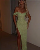 Pretty Mermaid Off The Shoulder Mint Green Sequin Slit Prom Dresses Formal Dress Party Outfits Prom Gown HZ0311