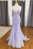 Elegant Mermaid Spaghetti Straps Lilac Lace Tulle Long Prom Dresses Formal Dress Beaded Birthday Outfits Prom Gown HZ0311