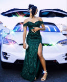 Pretty Mermaid Off The Shoulder Dark Green Sequin Slit Prom Dresses Formal Dress Party Outfits Prom Gown HZ0311