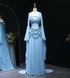 Classy A Line Strapless Blue Chiffon Beaded Prom Dresses Formal Dress 20th Birthday Outfits Prom Gown HZ0311