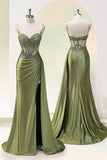 Sexy Mermaid Spaghetti Straps Olive Green Slit Side Long Prom Dresses Inspiration Formal Gown HZ0311