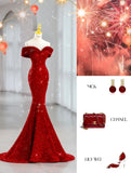 Shiny Mermaid Off The Shoulder Red Pleated Prom Dresses Formal Dress Party Outfits Prom Gown HZ0311