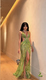 Shinning Mermaid V Neck Sequin Green Slit Prom Dresses For Teens Formal Dress Party Outfits Prom Gown HZ0311